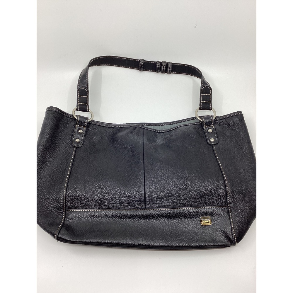 The Sak Black Pebbled Leather Shoulder Bag Contrast Stitching Tote Purse